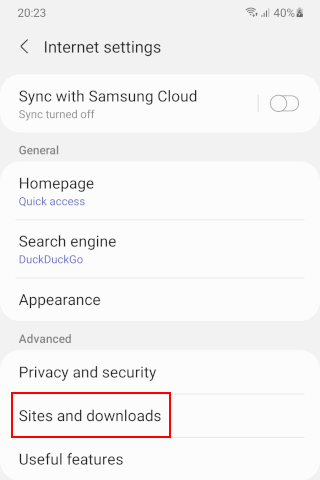 Open Sites and downloads settings in Samsung Internet