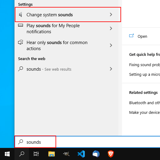 Open Sound settings via search in Windows 10