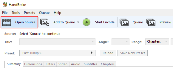 Open Source button in HandBrake
