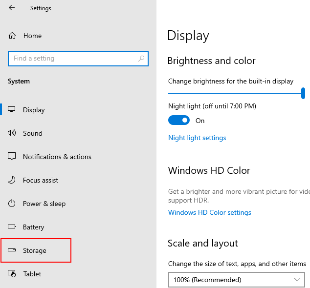 Open Storage settings in Windows 10