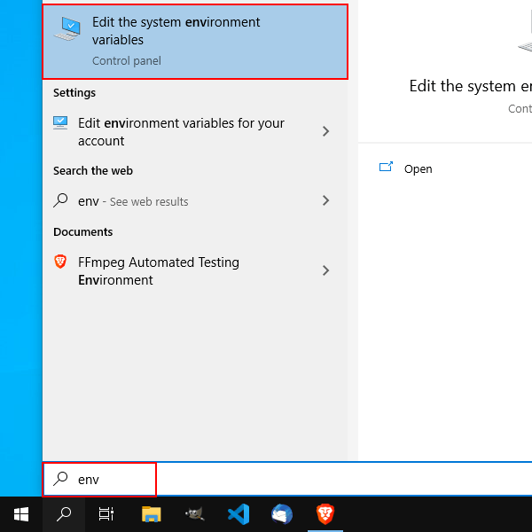 Open system environment variables settings in Windows 10
