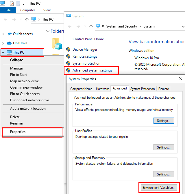 Open system environment variables settings in Windows 10