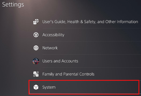 Open System settings on the PlayStation 5