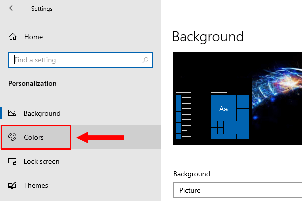 Open the colors settings in Windows 10