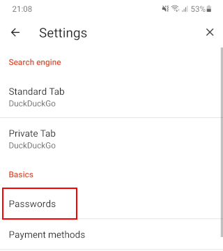 Ouvrez la section des mots de passe dans Brave sur Android