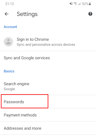 Ouvrez la section des mots de passe dans Google Chrome sur Android