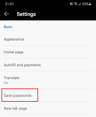Ouvrez la section des mots de passe dans Microsoft Edge sur Android