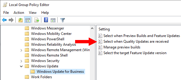 Open the Select when Quality Updates are received settings in Windows 10