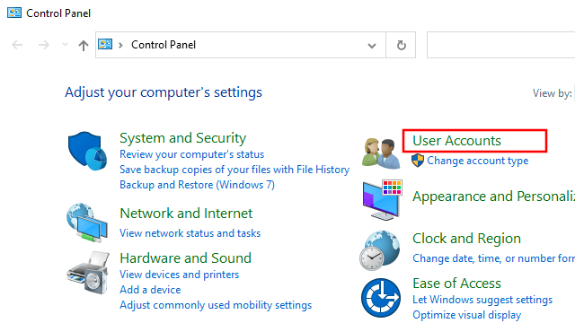 Open User Accounts settings in Windows 10