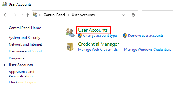 Open User Accounts settings in Windows 10