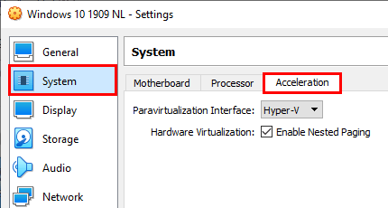 Open virtual machine acceleration settings in VirtualBox