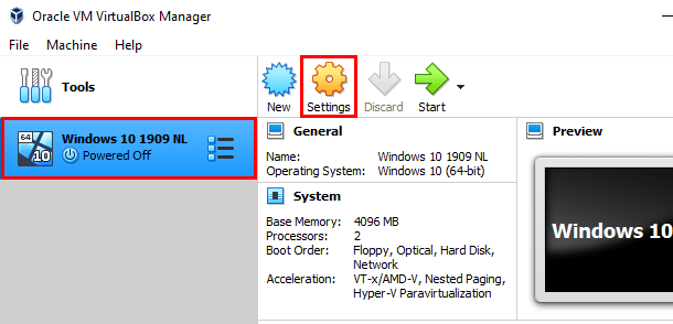 Open virtual machine settings in VirtualBox