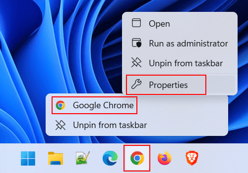 Open web browser properties from the taskbar