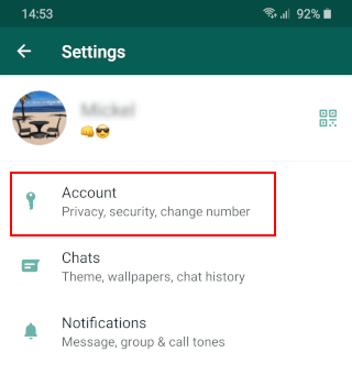 Open WhatsApp account settings