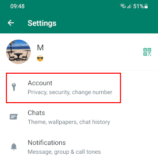 Open WhatsApp account settings