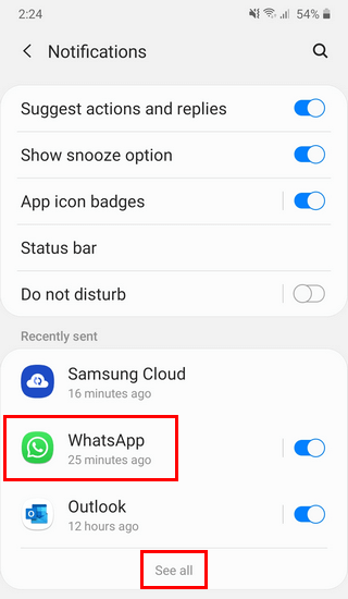 Ouvrir les paramètres de notification WhatsApp