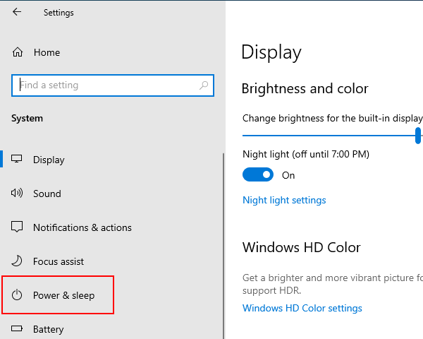 Open Windows 10 power and sleep settings