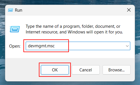 Open Device Manager in Windows 11 using Run