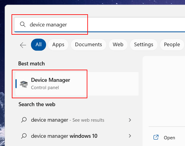 Open Device Manager in Windows 11 using search