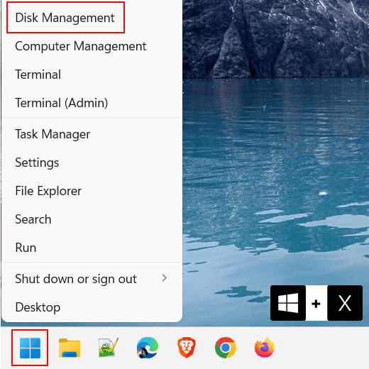 Open Disk Management in Windows 11 using the WinX menu