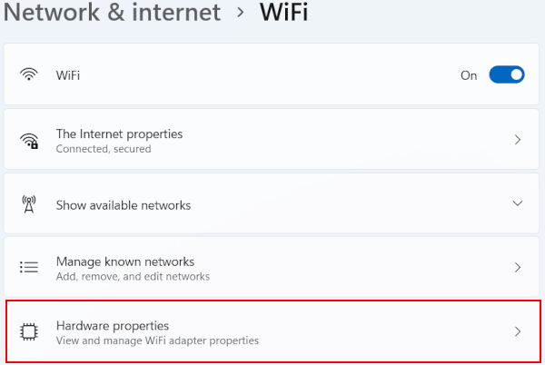 Open Windows 11 internet connection hardware properties