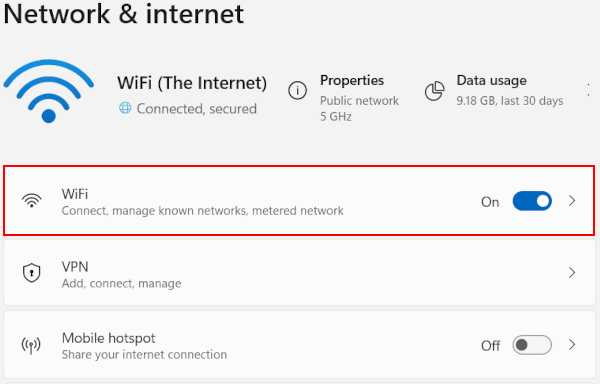Open Windows 11 Internet connection settings