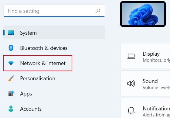 Open Windows 11 Network and Internet settings