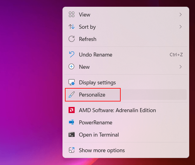 Open Windows 11 Personalize settings