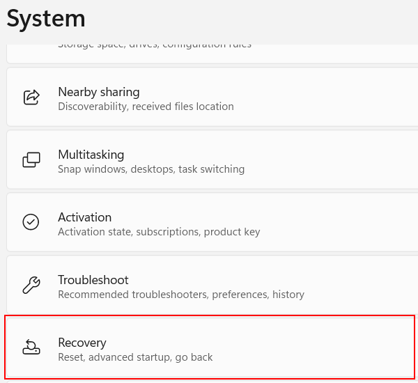 Open Windows 11 Recovery settings