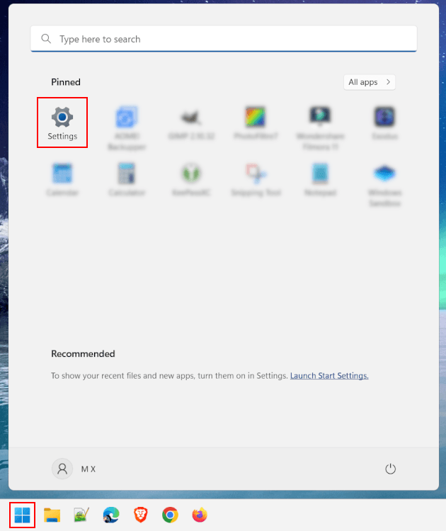 Open Windows 11 settings from the start menu