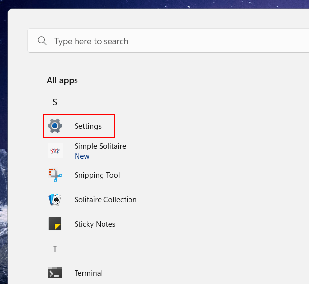 Open Windows 11 settings from the start menu all apps list
