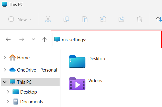 Open Windows 11 settings using File Explorer
