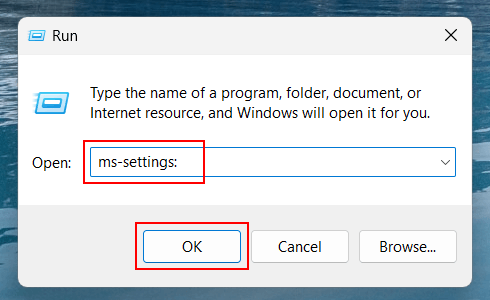 Open Windows 11 settings using Run