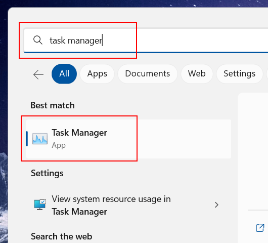 Open Windows 11 Task Manager using search