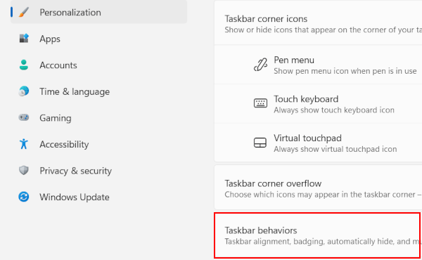 Open Windows 11 taskbar behaviors settings