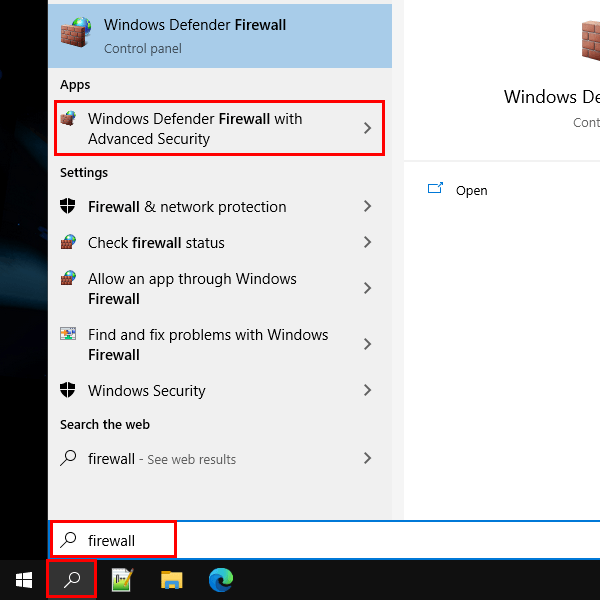 Open Windows Defender Firewall with Advanced Security via the search bar