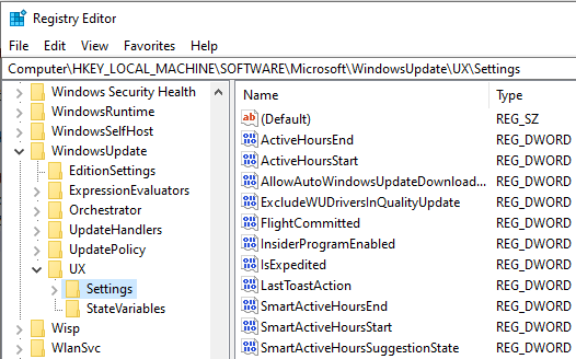 Open Windows Update settings in Registry Editor