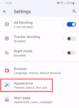 Opera browser Appearance settings on Android
