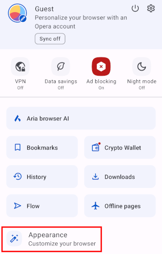 Opera browser Appearance settings on Android