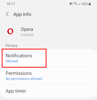 Opera mobile notifications settings