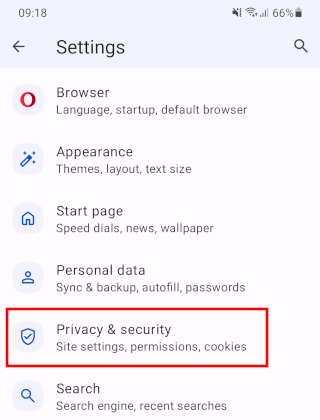 Opera mobile privacy and security settings