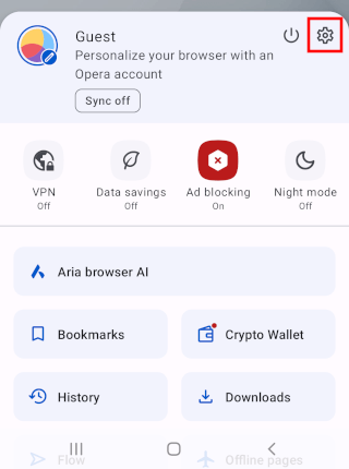 Opera mobile settings button