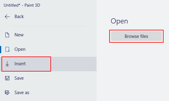 Paint 3D Browse files button