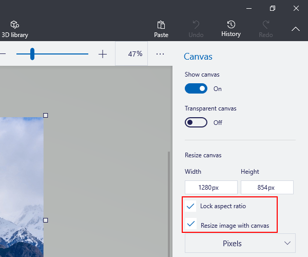 Paint 3D Lock aspect ratio and Resize image with canvas options