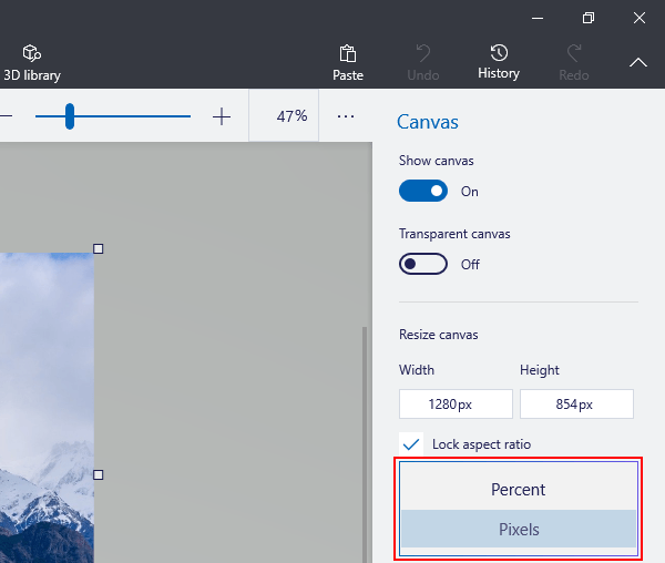 Paint 3D Pixels and Percent options