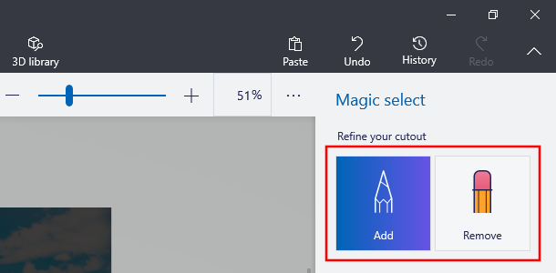 Paint 3D Remove and Add buttons