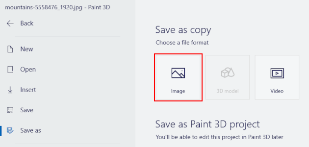 Paint 3D Save as copy image option