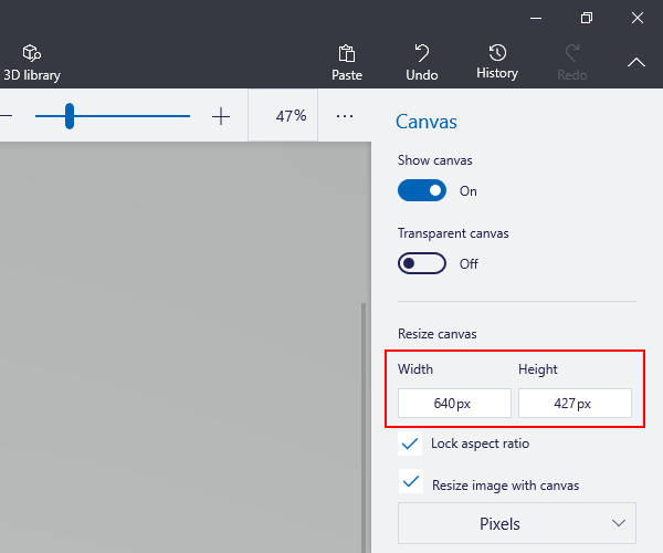 Paint 3D width and height settings