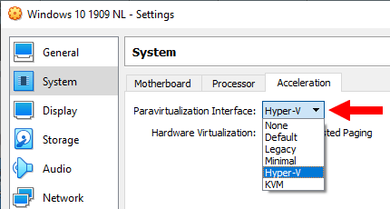 Paramètre d'interface de paravirtualisation dans VirtualBox