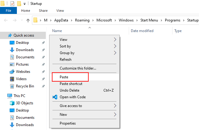 Paste web browser shortcut in Windows 10 Startup folder